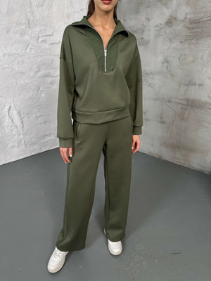 Haki Paraşüt Şeritli Fermuarlı Scuba Takım 2624-Haki