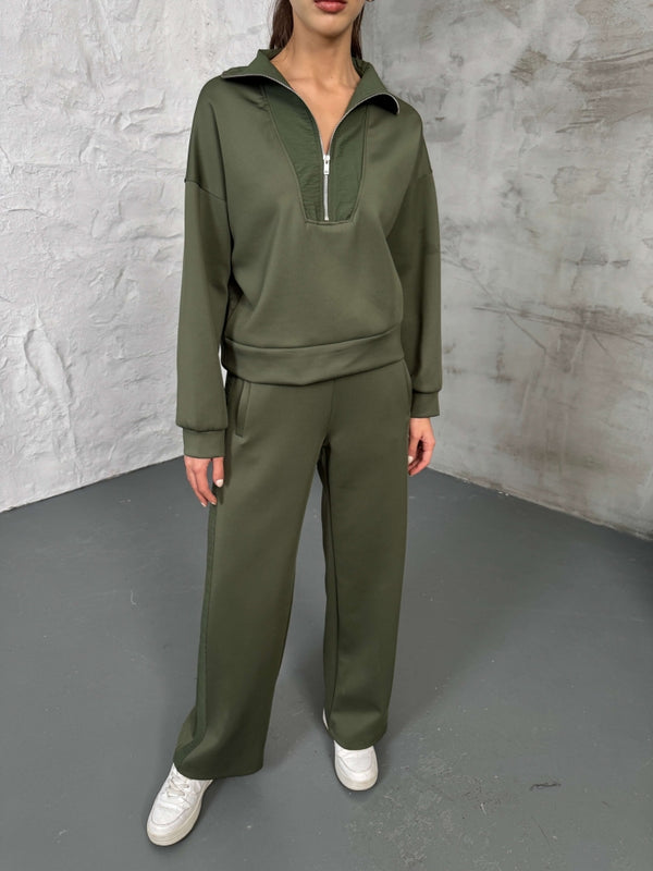 Haki Paraşüt Şeritli Fermuarlı Scuba Takım 2624-Haki