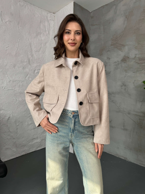 Taş Cepli Süet Kısa Ceket 9486-Taş