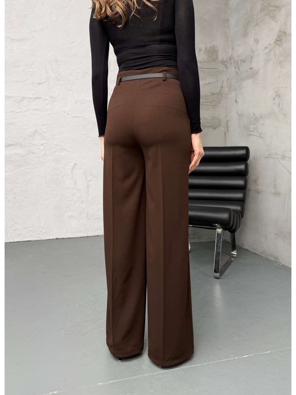Kahverengi İnce Kemerli Bol Paça Pantolon 9150-Kahverengi