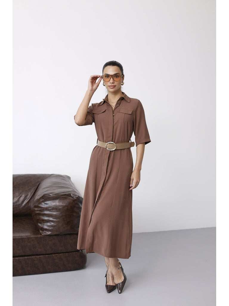 Kahve Cep Detaylı Kısa Kol Elbise 8124-Kahve