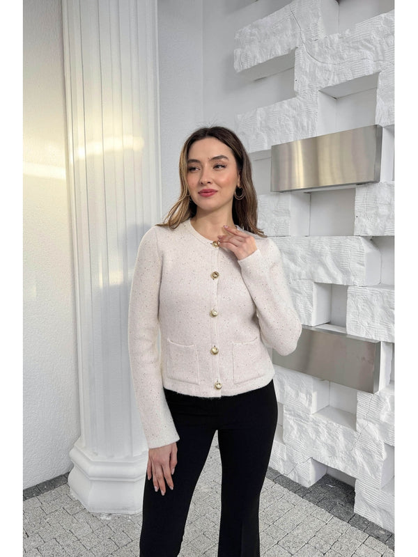 Dilvin Ekru Pullu Gold Düğmeli Triko Hırka 60935-Ekru