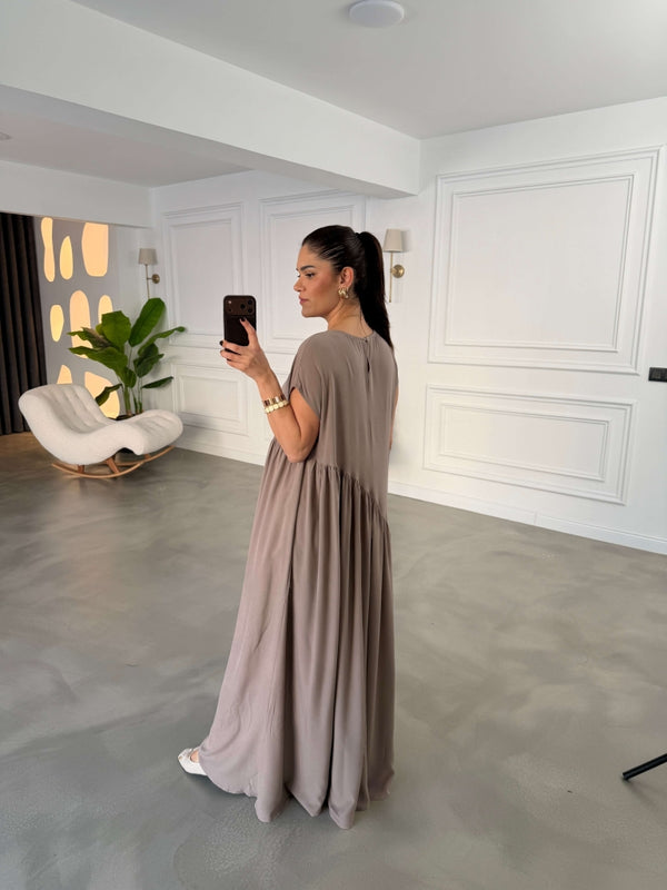 Vizon Yandan Yırtmaçlı Salaş Elbise 0066-Vizon