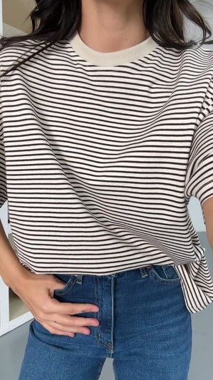 Ekru Çizgili Orj Marka Oversize Tshirt 6274-Ekru