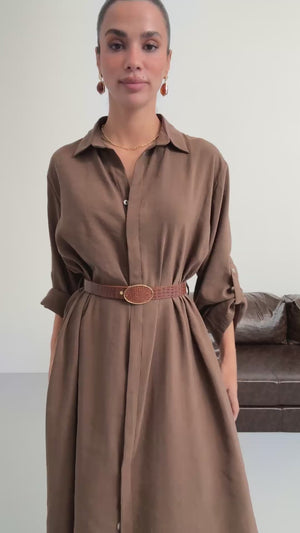 Kahve Tensel Kemerli Gömlek Elbise EYY3270-Kahve