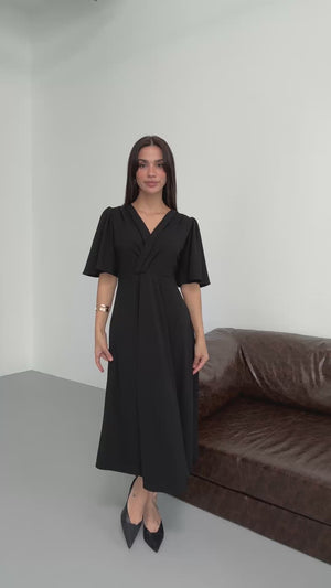 Siyah Kolları Volanlı Elbise 3707-SİYAH
