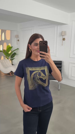 Lacivert Desen Taşlı Tshirt 8717-Lacivert