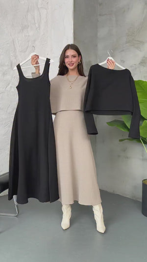 Vizon Bluzlu Elbise İkili Takım 7634-Vizon