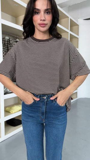 Kahverengi Çizgili Orj Marka Oversize Tshirt 6274-Kahverengi