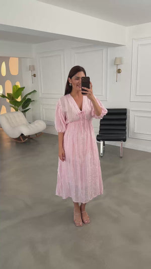 Pembe Püsküllü Ön Bağlamalı Elbise EY3075-Pembe