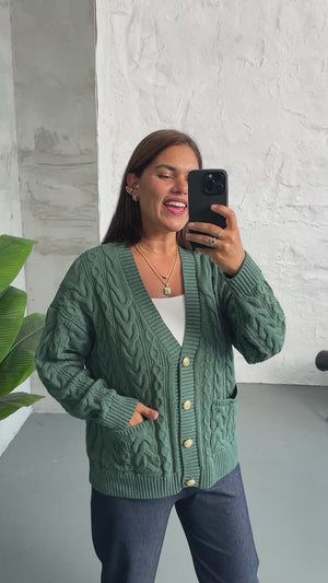 Petrol Yeşili Saç Örgülü Triko Hırka 2524-Petrol Yeşili