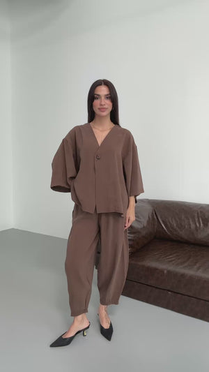 Kahve Tek Düğmeli Bluz Pantolon Takım 51189-Kahve