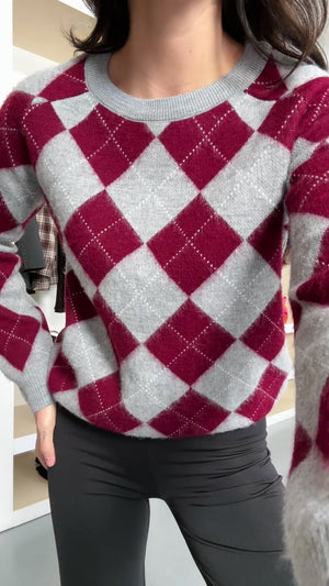 Bordo Baklava Desen Yumuşak Kazak 2319-Bordo