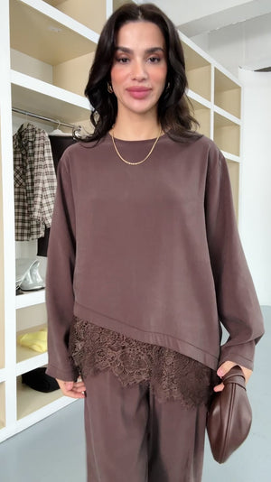 Kahverengi Etek Ucu Dantelli Tencel Takım 2801-Kahverengi
