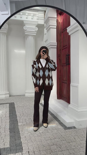 Kahve Mavi Baklava Desen Hırka 10143-Kahve Mavi