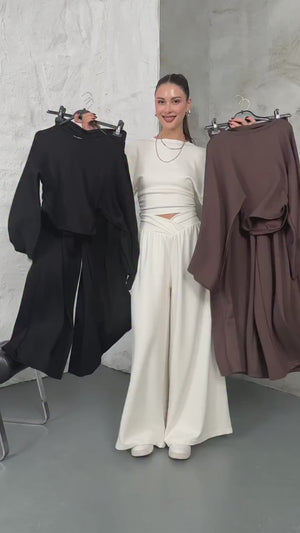 Kahverengi Kemer Pileli Kolları Volanlı Takım 2136-Kahverengi