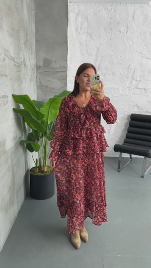 Premium Doku Fırfırlı Maxi Elbise 1004-Orange