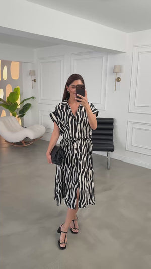 Siyah Zebra Desen Kuşaklı Gömlek Elbise 6685-Sİyah