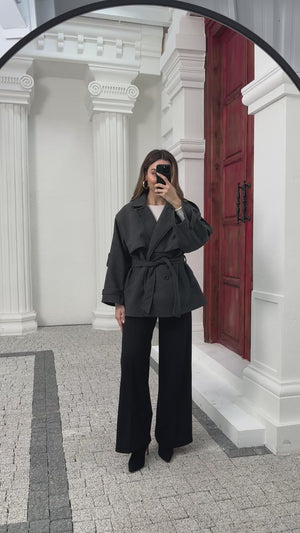 Antrasit Rebello Kuşaklı Kaşe Kaban 9669-Antrasit