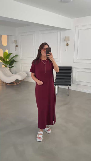 Bordo Yırtmaçlı Salaş Modal Elbise 0116-Bordo