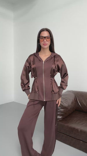 Kahverengi Saten Detaylı Bel Bağcıklı Takım 4108-Kahverengi