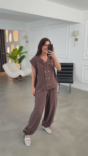 Kahverengi Çıtçıtlı Tensel Şalvar Takım 4160-Kahverengi