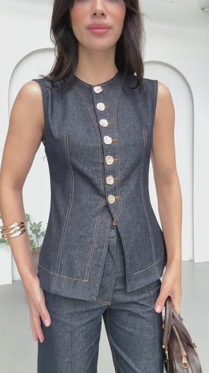 Mavi Gold Düğmeli İnce Denim Takım 18053-Mavi