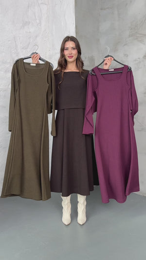 Mürdüm Bluzlu Elbise İkili Takım 7634-Mürdüm