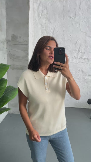Ekru Polo Yaka Düğmeli Triko Bluz 2485-Ekru