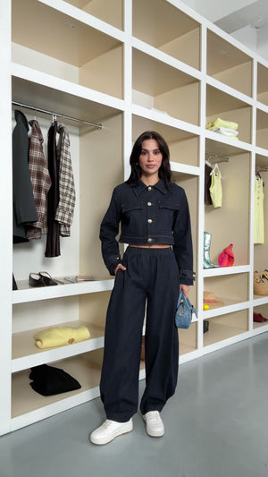 Lacivert Paçası Çıtçıt Detaylı Denim Takım 51244-Lacivert