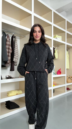 Siyah Taş Baskılı Kapşonlu Takım 4231-Siyah