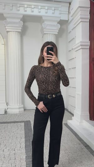Dilvin Leopar Kayık Yaka Transparan Bluz 32206-Leopar
