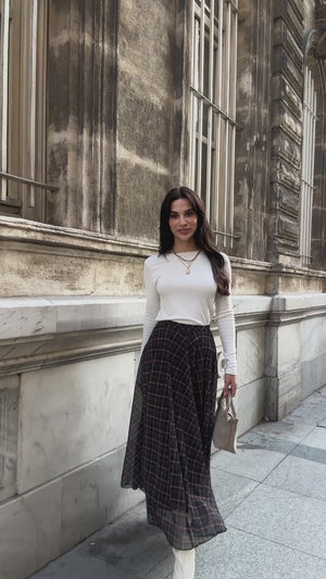 Lacivert Ekose Detaylı Şifon Etek 0613-Lacivert