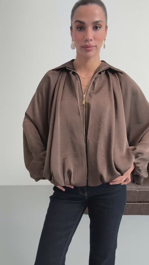 Kahverengi Ön Fermuarlı Bomber Saten Ceket 9584-Kahverengi