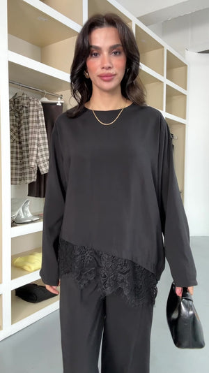 Siyah Etek Ucu Dantelli Tencel Takım 2801-Siyah