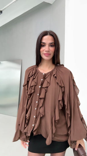 Kahve Katlı Volanlı Bluz 5025-Kahve