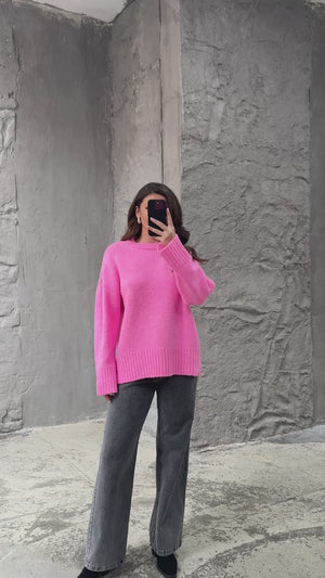 Pembe Bisiklet Yaka Oversize Kazak 2217-PEMBE