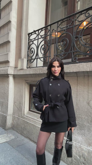 Siyah  Dik Yaka Kısa Kaşe Kaban 70119-SİYAH