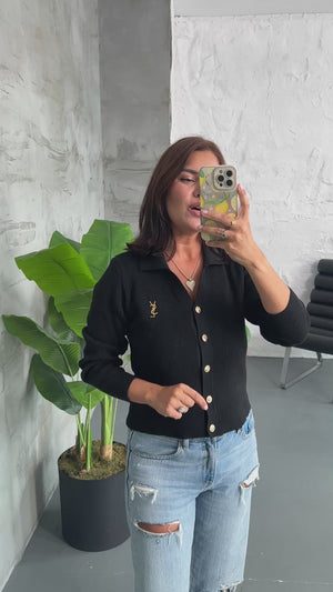 Siyah Gold Düğmeli Polo Yaka Hırka EM-001-Siyah