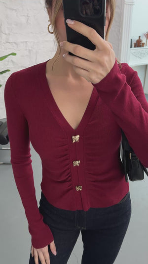 Dilvin  Bordo V Yaka Düğmeli Triko Kazak 10805-Bordo