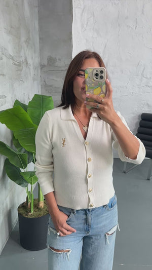 Ekru Gold Düğmeli Polo Yaka Hırka EM-001-Ekru