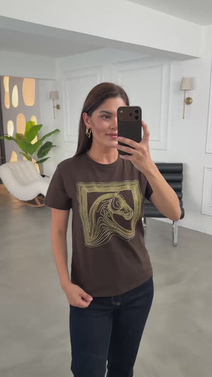Kahverengi Desen Taşlı Tshirt 8717-Kahverengi