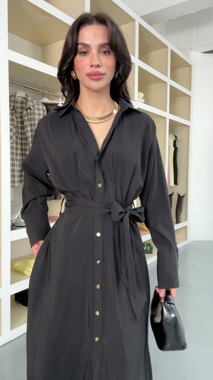 Siyah Beli Pileli Kemerli Elbise 8254-Siyah