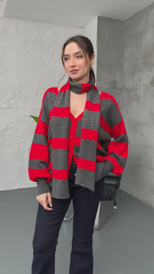 Kırmızı Çizgili Atkılı Hırka 2569-Kırmızı