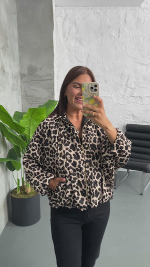 Leopar Ön Fermuarlı Bomber Saten Ceket 9636-LEOPAR