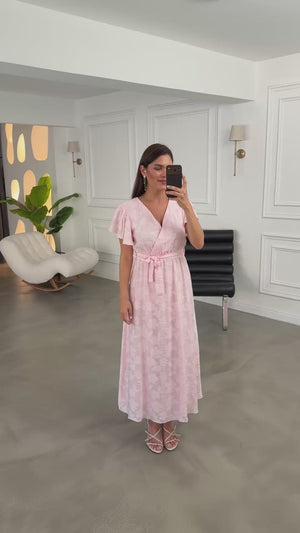 Pembe Kolları Volanlı Püsküllü Elbise 3113-Pembe