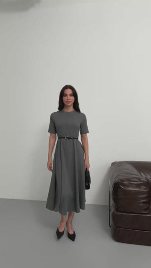 Gri Kısa Kollu Kemerli Maxi Elbise 261013-Gri