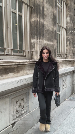 Siyah Kürk Detaylı Nubuk Mont AK2292-Siyah