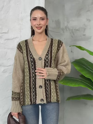 Vizon Etnik Desen Örme Hırka 2454-Vizon