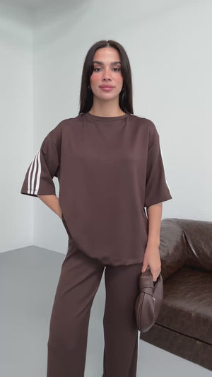 Kahverengi Şerit Detaylı Tshirt Takım 4101-Kahverengi